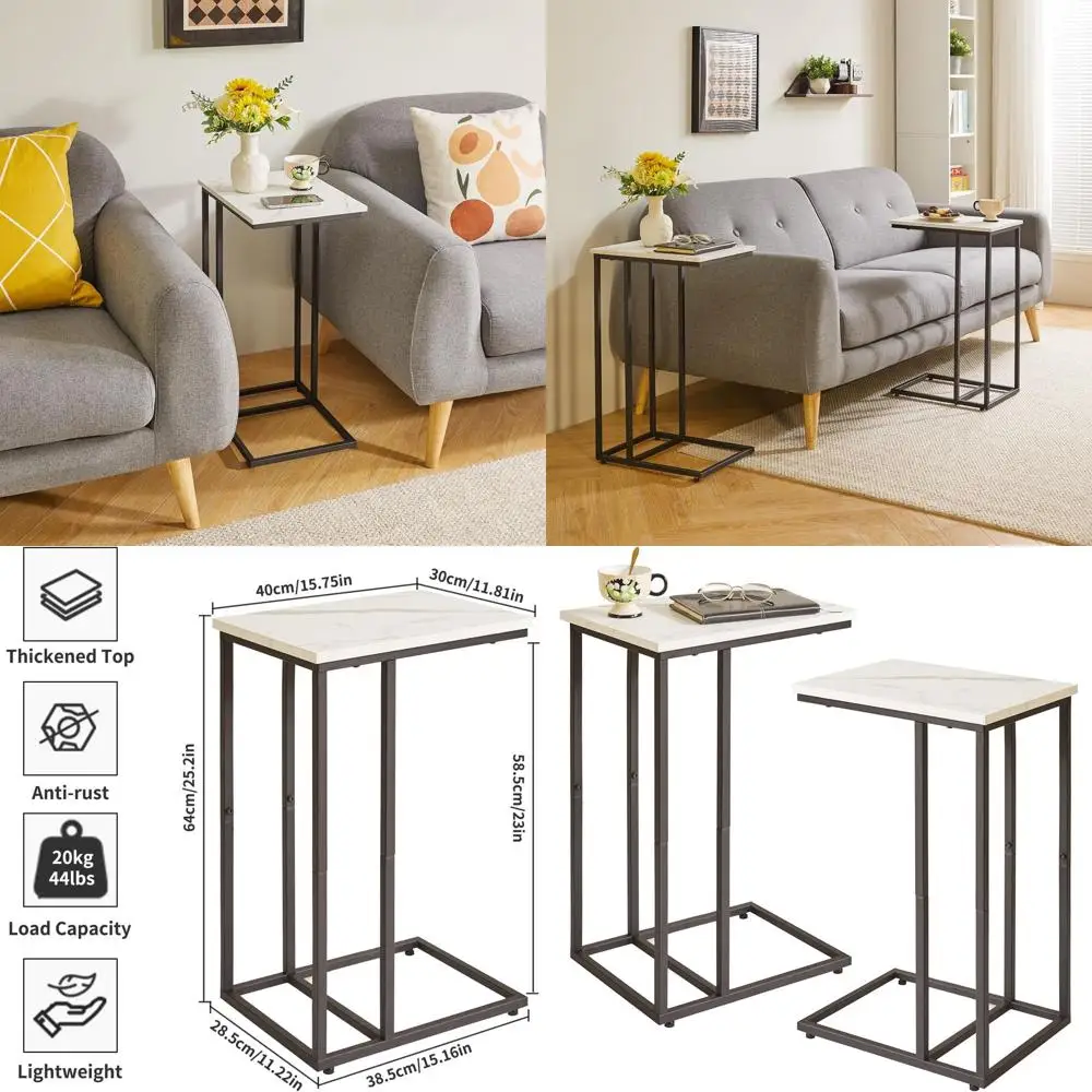 

Compact C-Shaped End Table Set, Laptop Desk for Couch, Living Room Side Tables, Eating TV Trays, Faux Marble & Black YD-TM051B-2