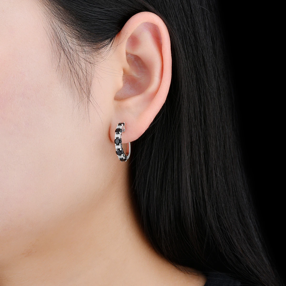 Natural Black Spinel Sterling Silver Hoop Earring 3 Carats Genuine Spinel Faced Round Classic S925 Fine Jewelrys Party Gifts