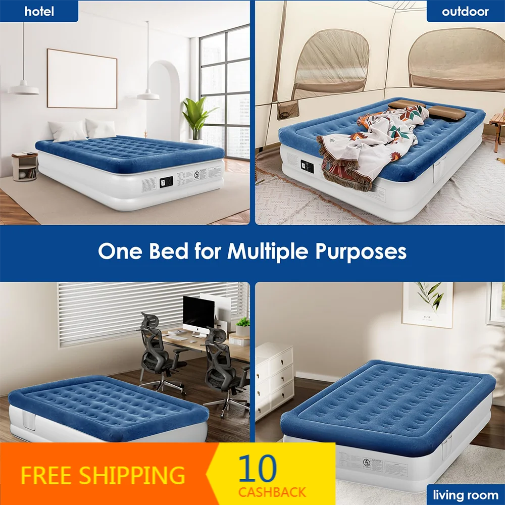 18 Inch Queen Luxury Air Mattress Built‑in Pump Dual‑Chamber 3‑Min Fast Setup Portable Foldable Bed for Camping
