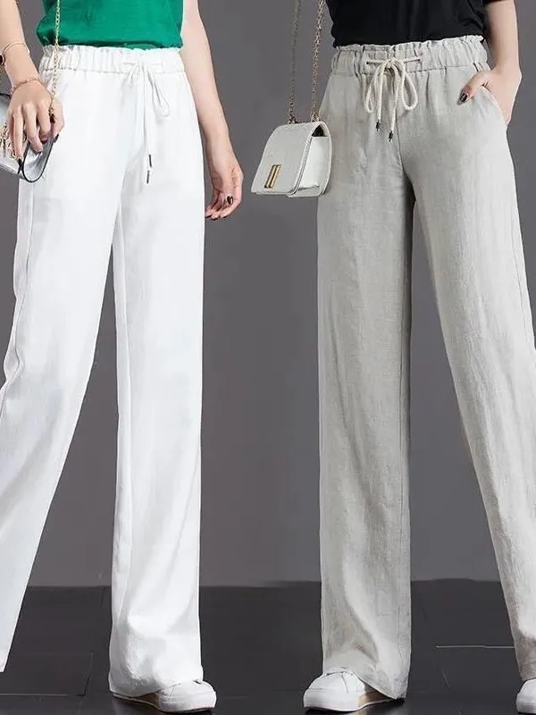 

Хлопковые широкие брюки для женщин с эластичным поясом на шнурке, свободные, струящиеся, прямые, повседневные, весна-лето, модные