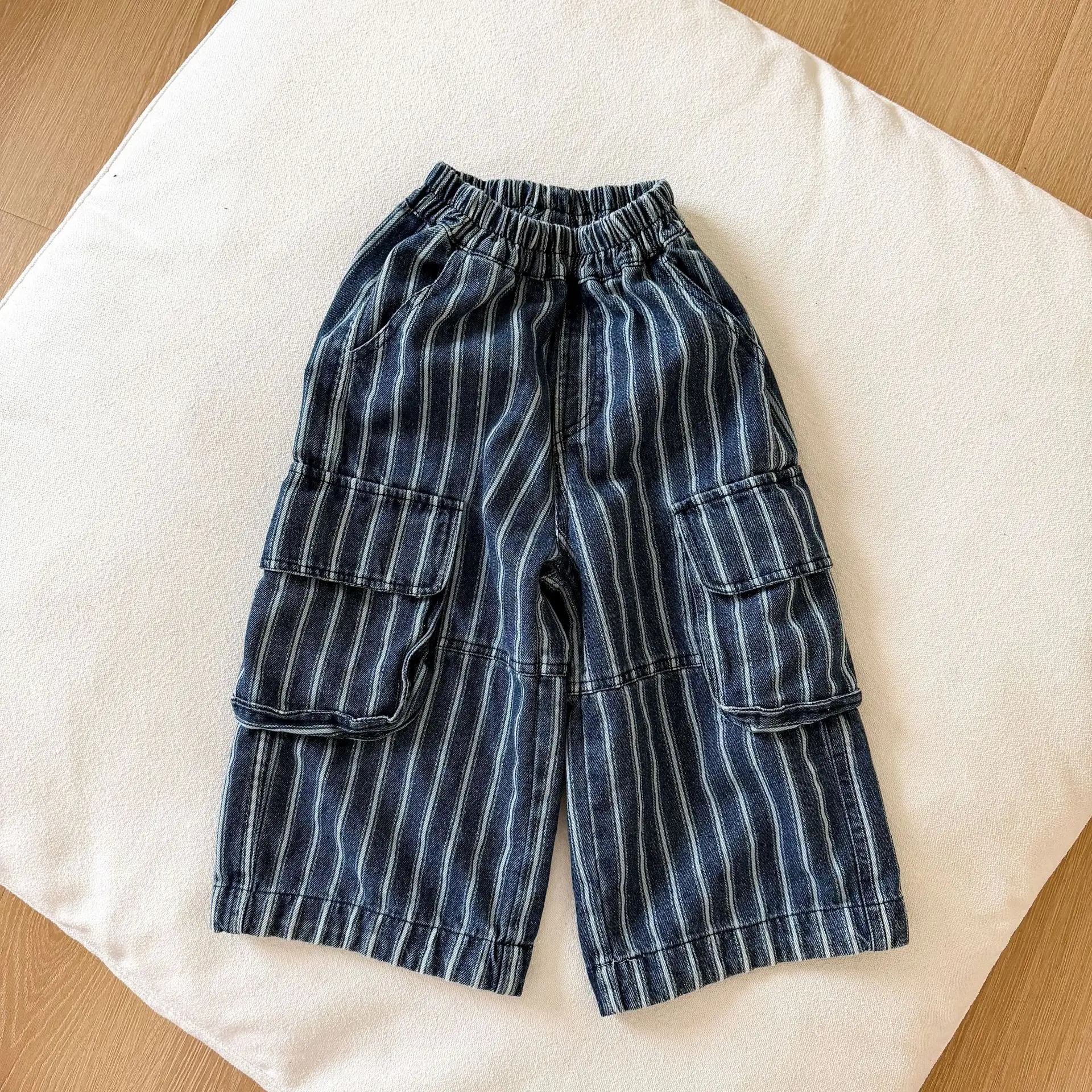 Autumn New Children Loose Denim Trousers Girls Fashion Striped Wide Leg Pants Boys Casual Cargo Pants Kids Clothes 5