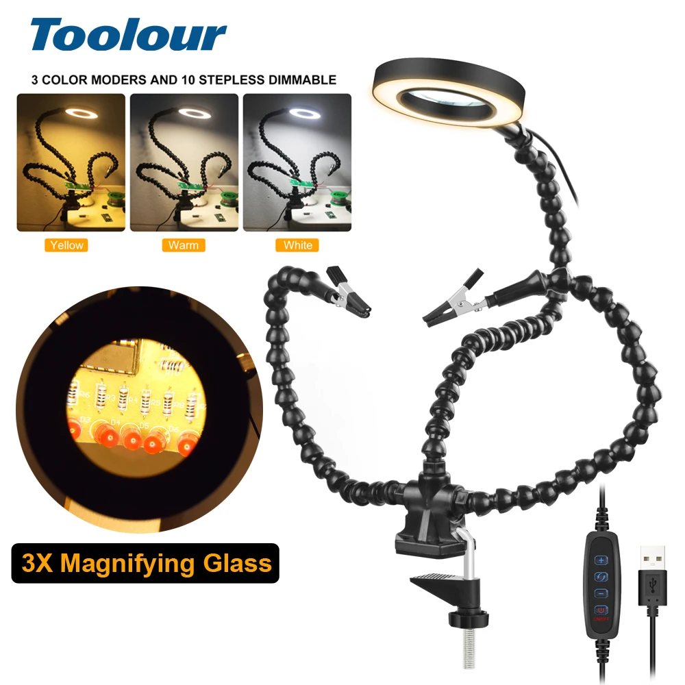 Toolour Third Hand Soldering Tool With 3X USB LED Light Magnifier 3PC Flexible Arms Helping Hands For Repairing Welding PCB Tool