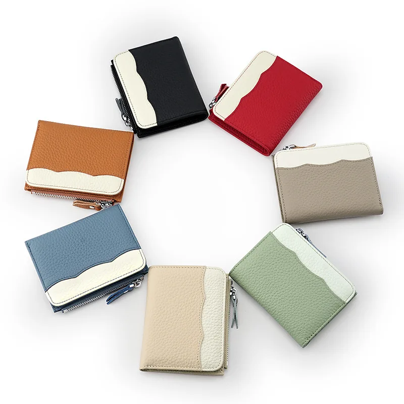 Western RFID Blocking Cowhide Leather Contrast Color Women Wallet Multifunction Zipper Coin Purse for Ladies