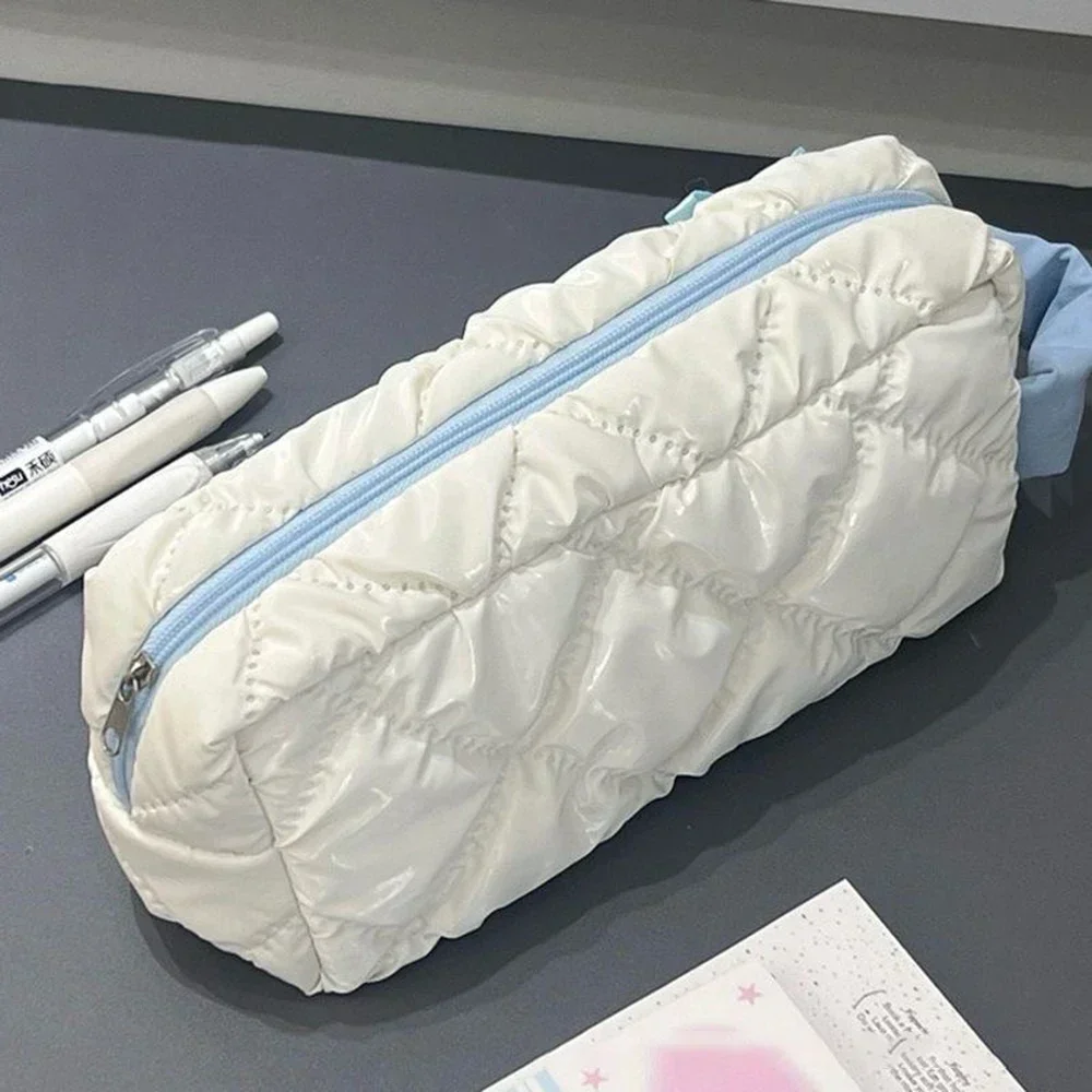 Borsa per matite con fiocco bianco blu borsa per cancelleria di grande capacità borsa per la conservazione da viaggio borse per cosmetici da donna