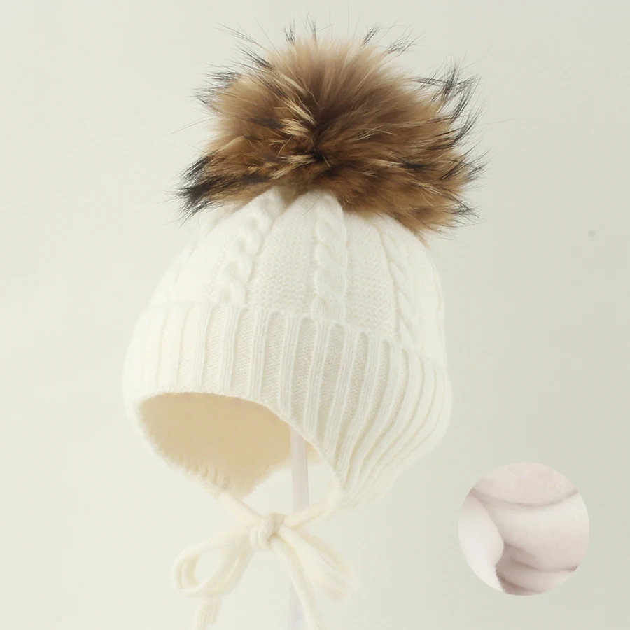 Winter Baby Hat Real Fur Pompom Beanie Cute Bonnet Fleece Lining Ear Protection Boys Girls Cap Warm Crochet Hat For Kids