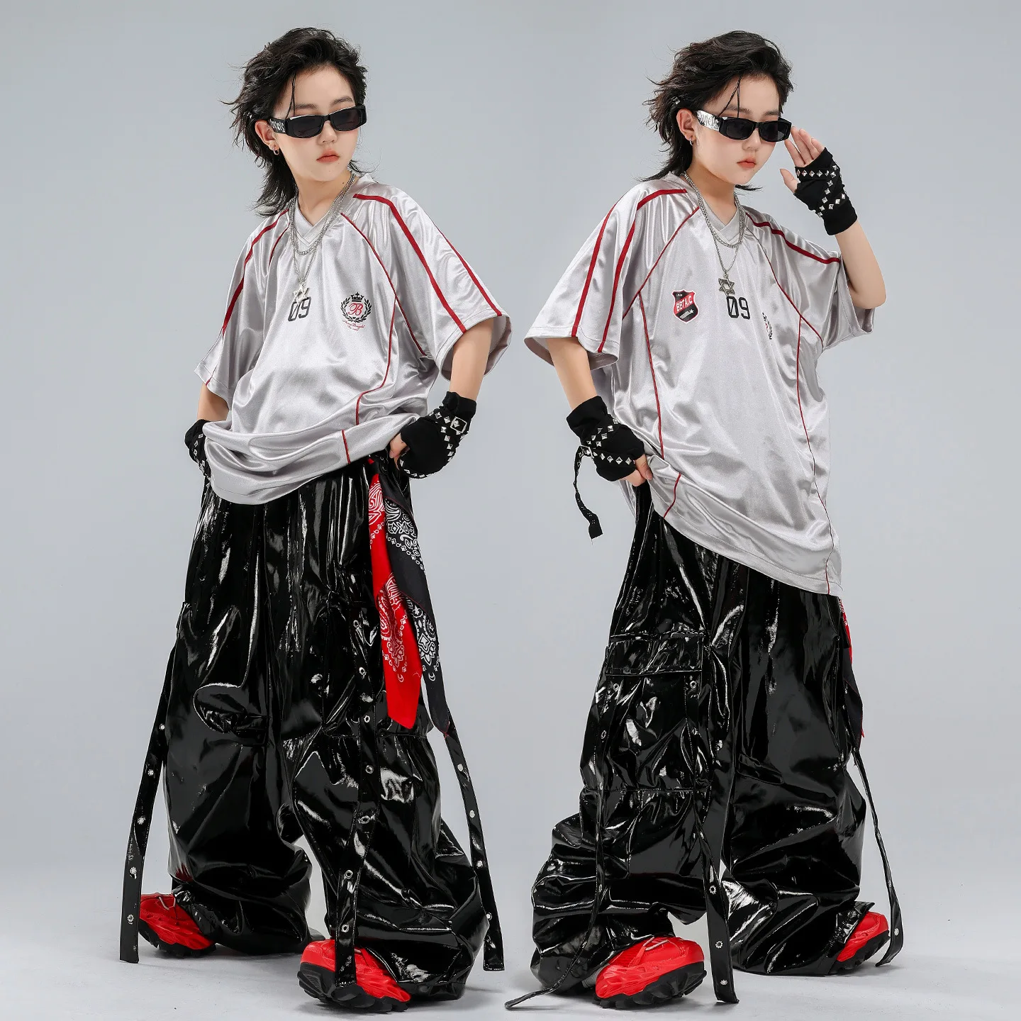 Boys Girls Silver Red Braided Rope Oversized Tee PU Leather Cargo Pants Hip Hop Dance Outfit Kids Jazz Stage Costume Streetwear