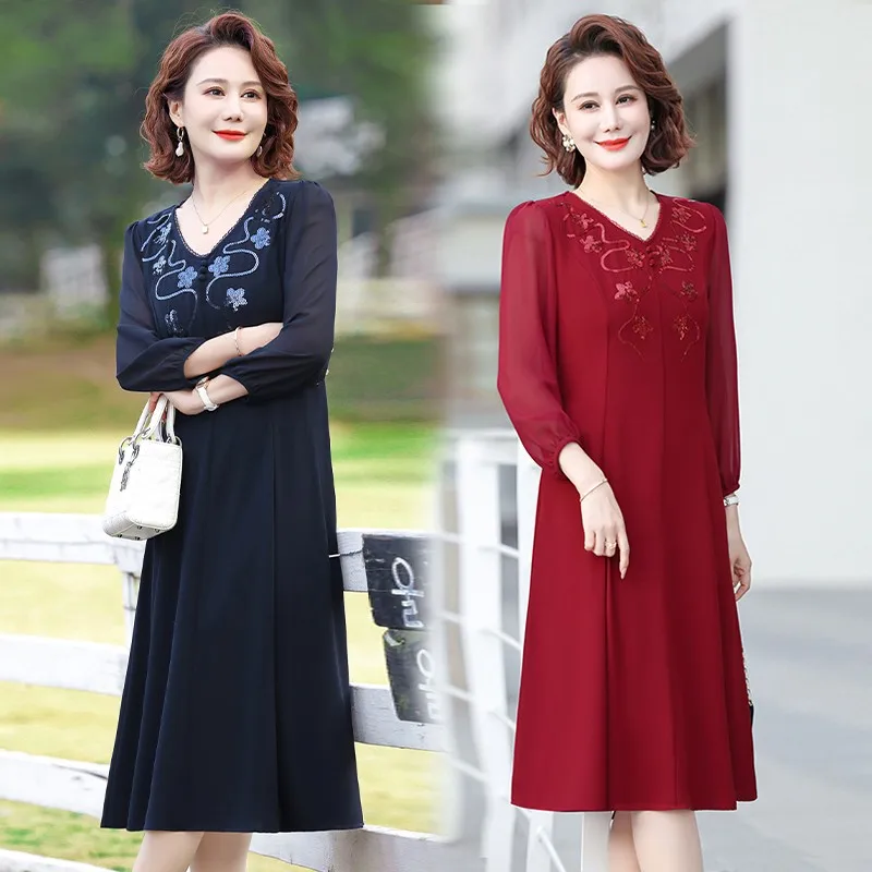 

Noble Mother Clothes Chiffon Long-Sleeved Dress For Spring Women's New V Neck Sequin Shows Thin And Long Skirt