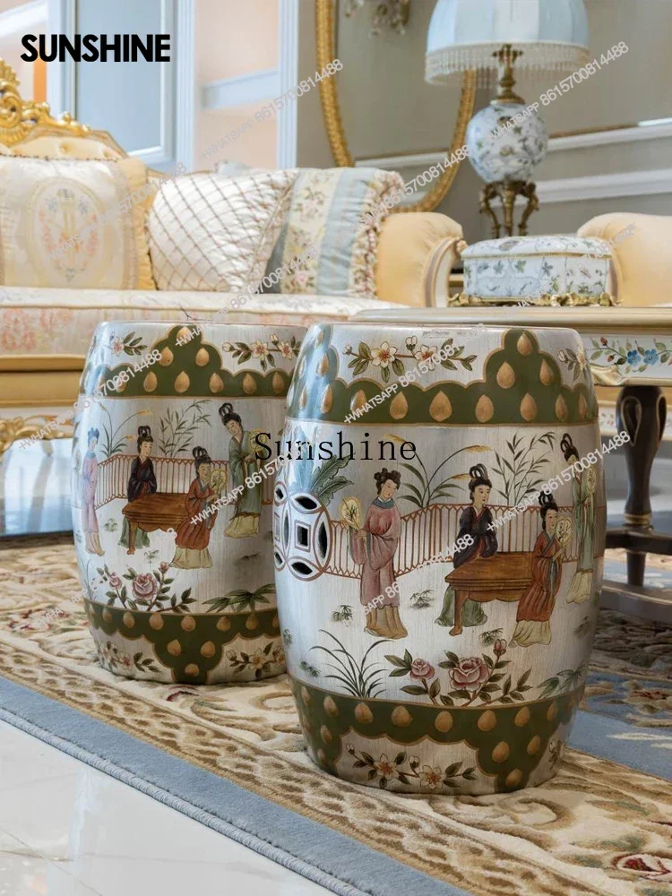 

Luxury French art painted ceramic seat + villa exquisite living room furniture stoolX