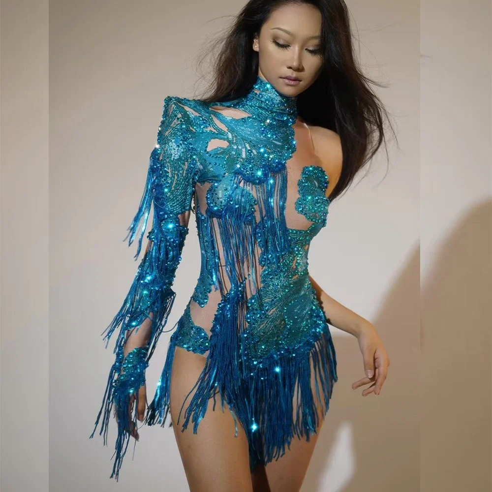 

Blue Single Shoulder Tassel Leotard Party Costume Nightclub Drag Queen Photoshoot outfit Sexy Sparkly Rhinestone Bodysuits