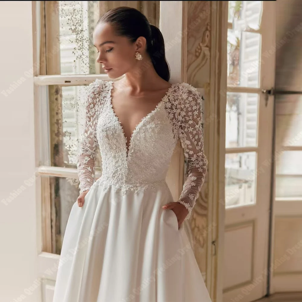 Elegant Lace Long Sleeves Women Wedding Dresses Minimalist Satin A-Line Bridal Gowns Mopping Length Vestidos De Novia Customized