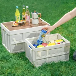 Outdoor Camping Storage Box Bagażnik samochodowy z drewnianą pokrywką Pojemnik do układania w stosy do użytku domowego Składane pudełka organizacyjne o dużej pojemności