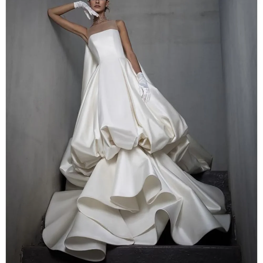 

White O Neck Tulle Sleevelss Pleated Skirt With Cape Wedding Dress Floor Length Prom Evening Party Gown