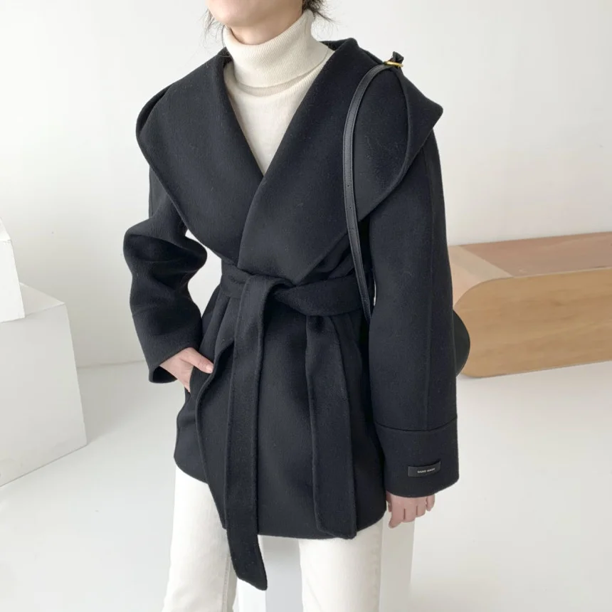 

Elegant Women Faux Wool Coats Solid Cardigan Minimalist Hooded Woolen Coat Oversize Outwear With Belt 2022 Autumn Winter H714