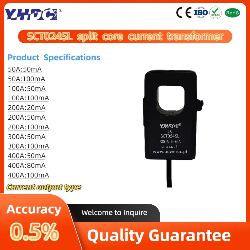 YHDC SCT024SL Ingang 50A 100A 200A 300A 400A Uitgang 0.333V/1V/3V/5V Nauwkeurigheid 1% Split Core Huurrent Transformator