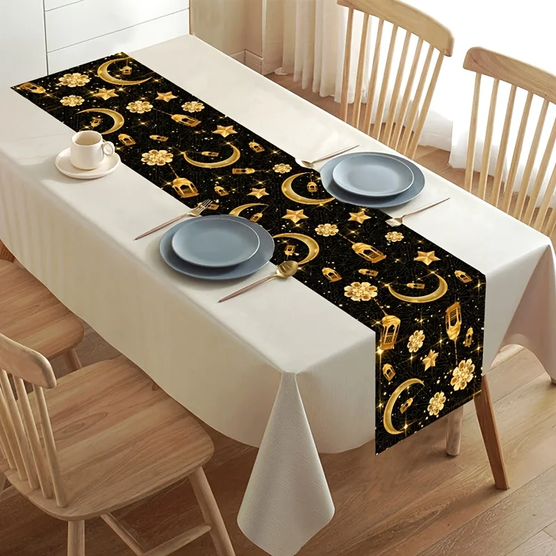 1pc Black Gold Moon Star Sun Table Runner, Modern Elegant Table Decoration for Home Kitchen Dining Room Party Wedding Indoor Out