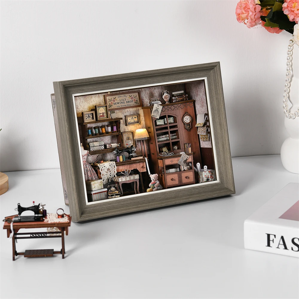 Bücherregal-Deko-Set Kamin DIY 3D Holzpuzzle Fotorahmen Ornament Bücherregal Puppenhaus Modell Buchstütze Bausatz Heimdekoration – Detail 11