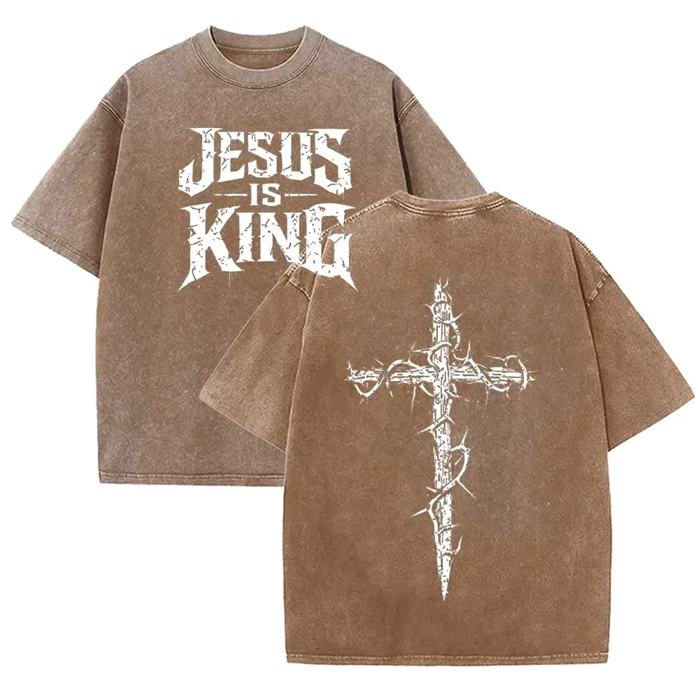 Asiatische Größe, Jesus Is King Cross Grafik-T-Shirt, gewaschenes Vintage-Distressed-Oversize-T-Shirt mit kurzen Ärmeln, Streetwear-T-Shirt – Detail 7