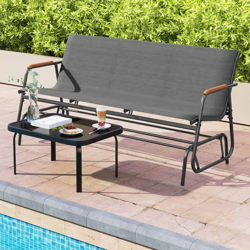 Sillón mecedora de patio de 3 plazas con asiento ergonómico curvo, estructura de madera de teca, reposapiés ajustable, para jardín, porche, piscina.