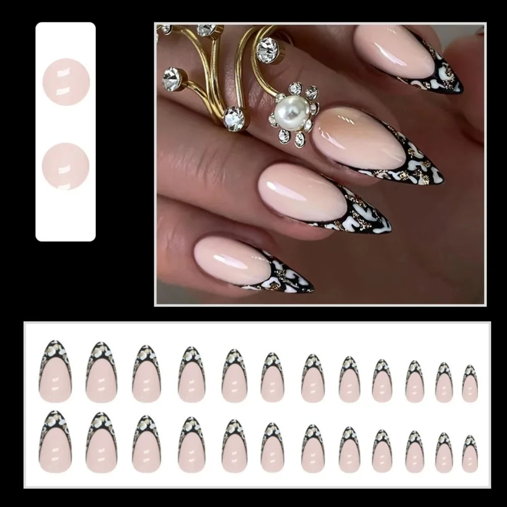 24 pçs/lote preto leopardo amêndoa unhas falsas imprensa em wearable francês unhas falsas arte artificial cobertura completa stick-on dicas de unhas