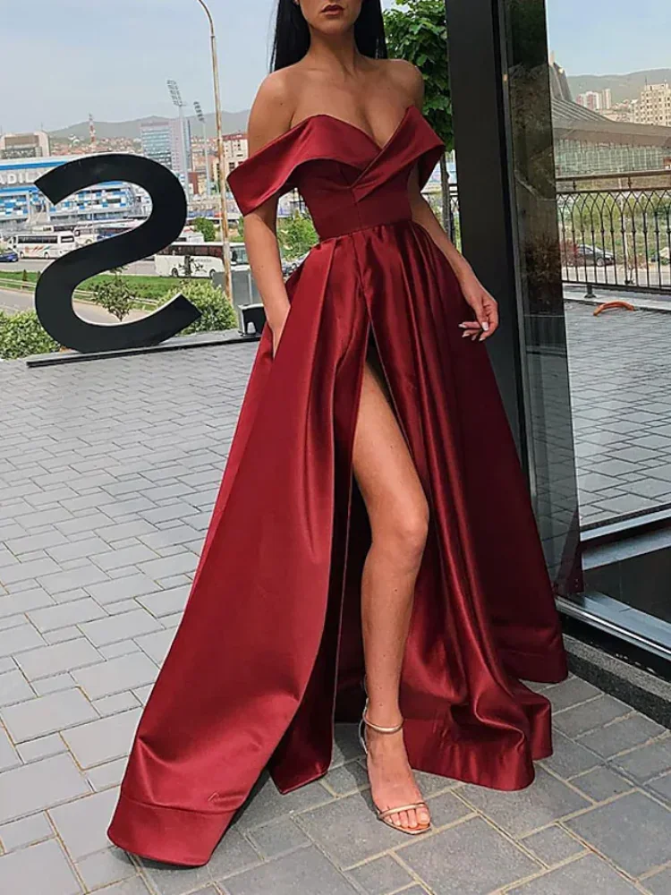 Sexy Off The Shoulder Prom Dress Hoge Split-Floor-Length A-Line V-Hals Avondjurken Gemaakt Op Bestelling Voor De Dames