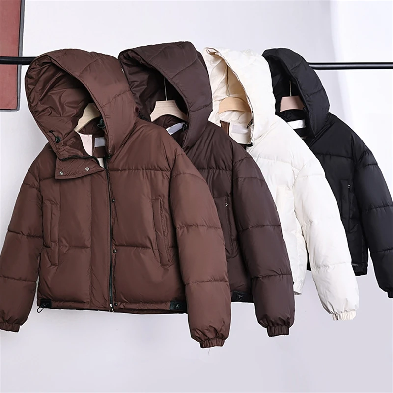 معاطف قصيرة للأسفل 2025 شتاء جديد فضفاض المرأة سترات مبطنة بالقطن سميكة الدافئة الخبز ملابس طويلة الأكمام مقنعين أبلى سترات #5