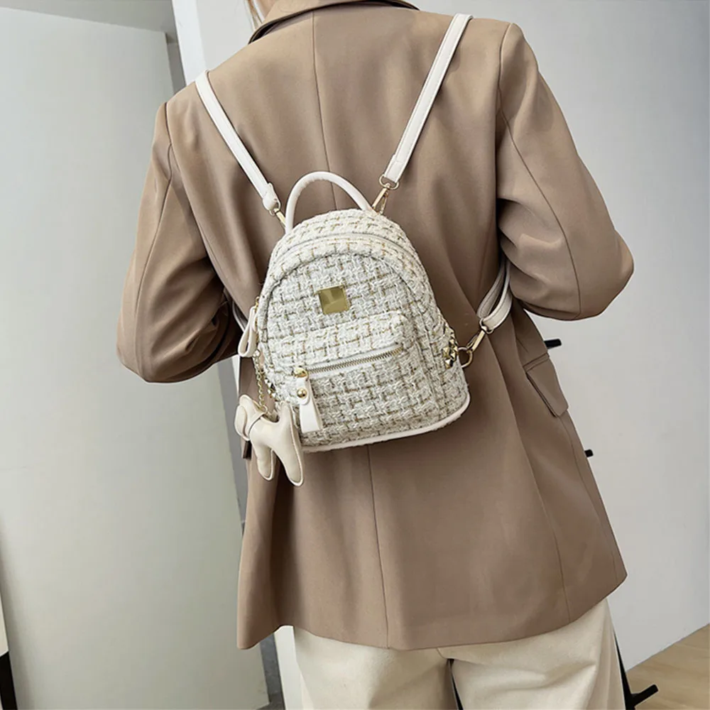 Vintage Women Tweed Backpacks Patchwork Plaid Print Large Capacity Female Casual School Bag Large Capacity Commute Shoulder Pack