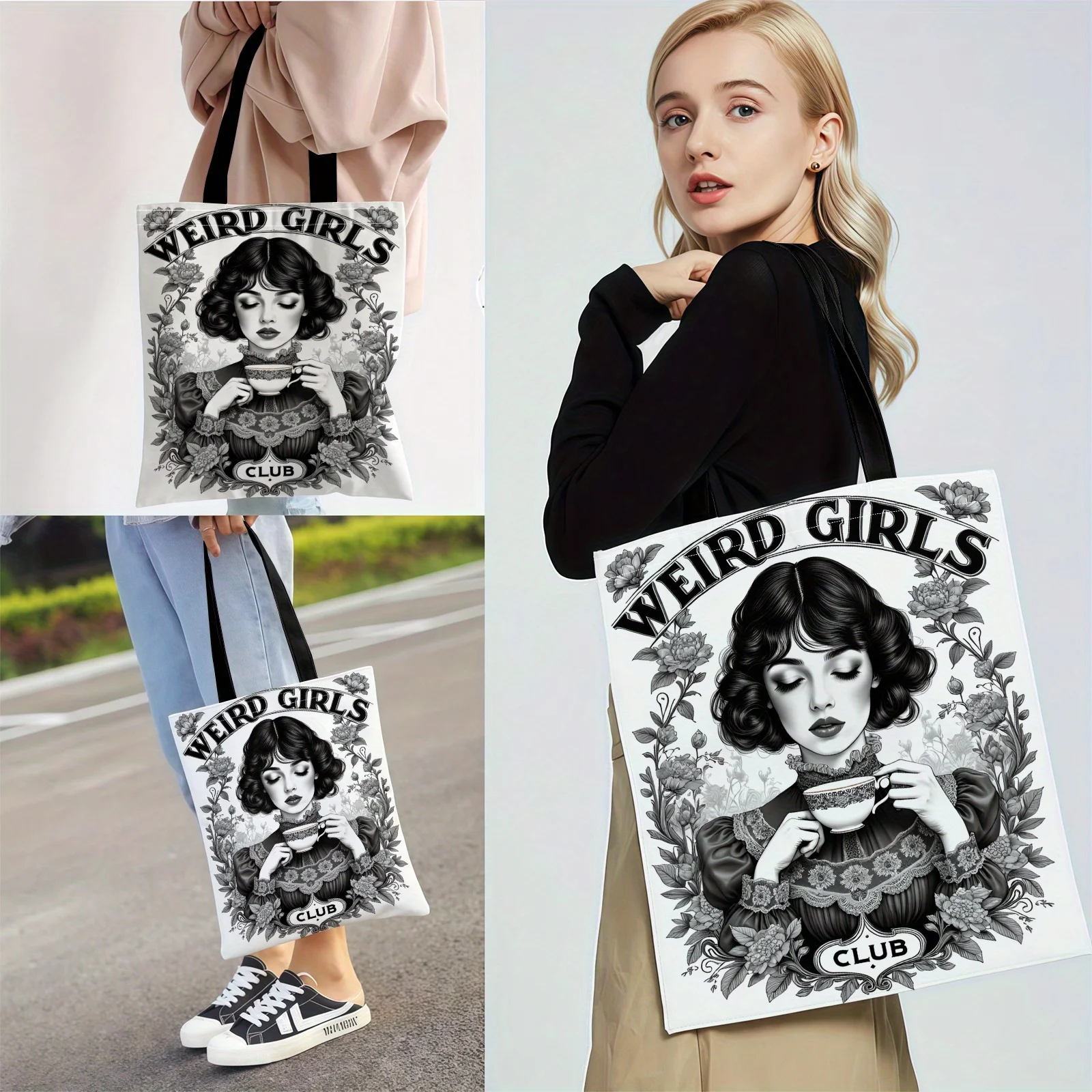 Weird Club-Einkaufstasche, große Kapazität, wiederverwendbare Umhängetasche mit künstlerischem Schwarz-Weiß-Design, robuste Einkaufs-Aufbewahrungstasche aus Stoff