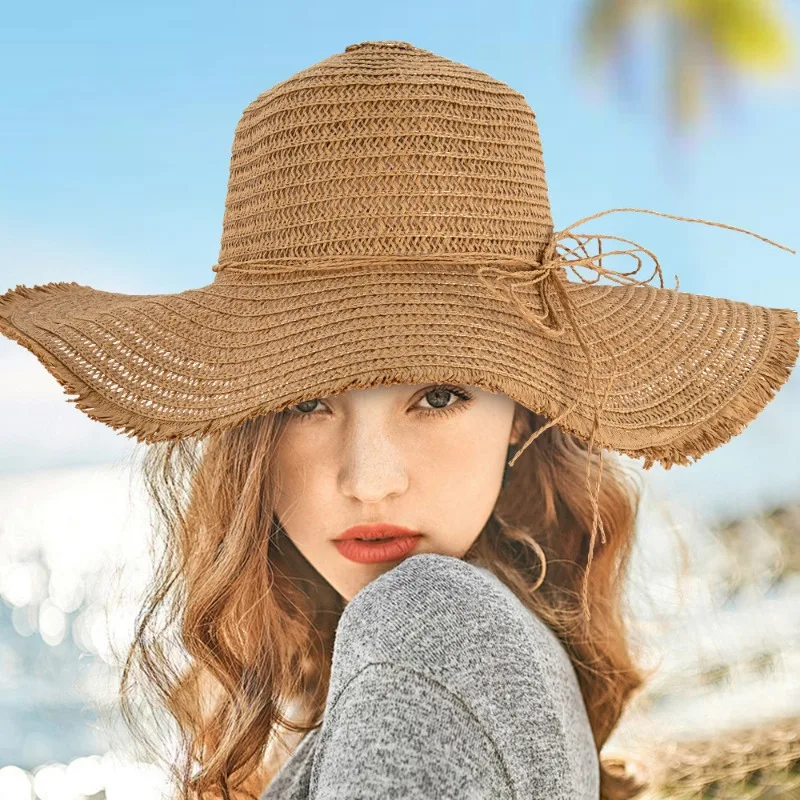 Womens Wide Brim Straw Hat UPF 50+ Summer Beach Sun Hat for Outdoor Activities