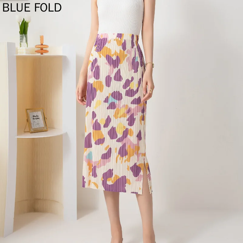 

Pleated Printed Split Skirt New Summer High Waist Straight Fashion Versatile Drape A-Line One-Step Skirt MIYAKE PLEATS Faldas