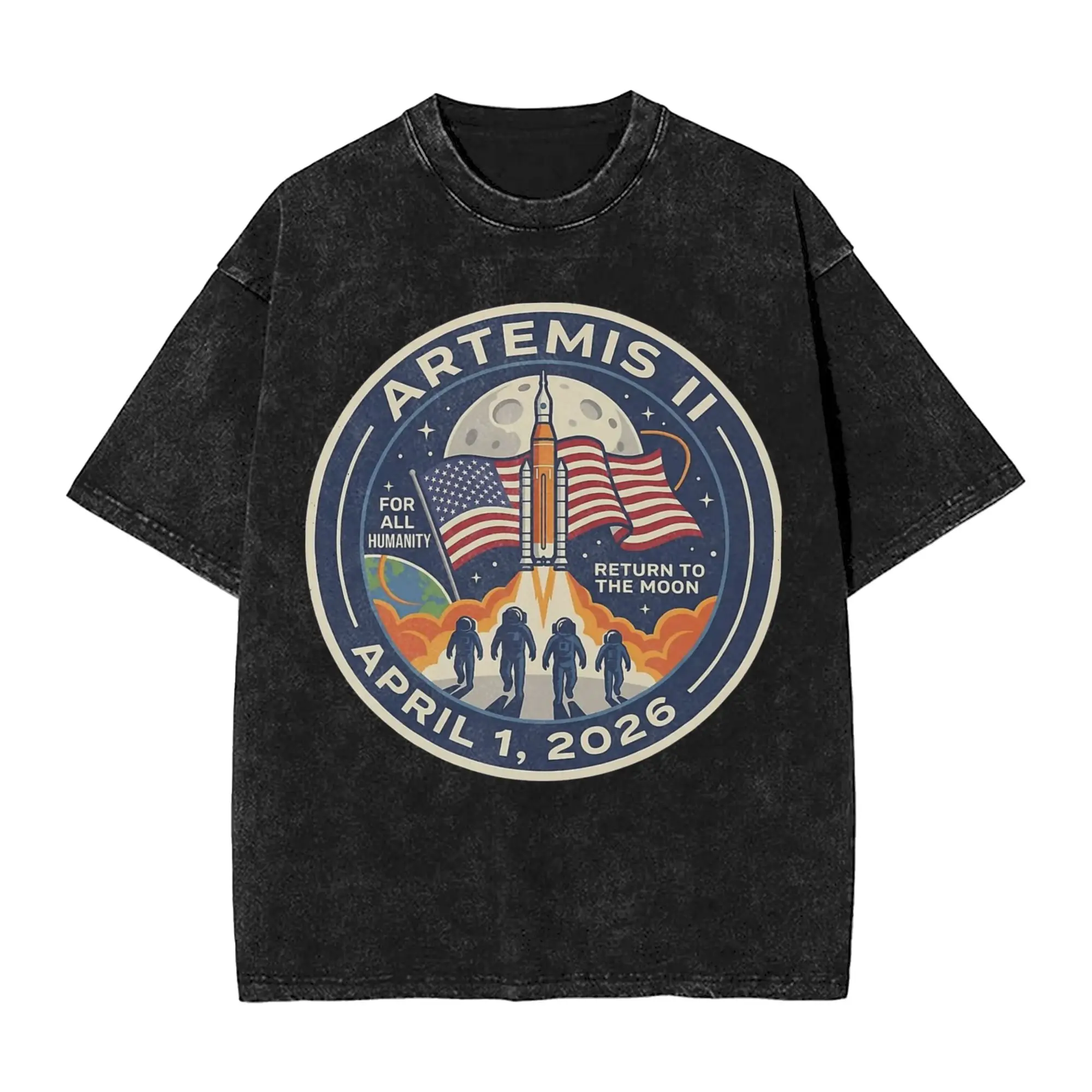 Artemis II Mission Return to the Moon 2026 T Shirt Hip Hop Washed Short Sleeve Street T-Shirts Vintage for Men Streetwear Tees