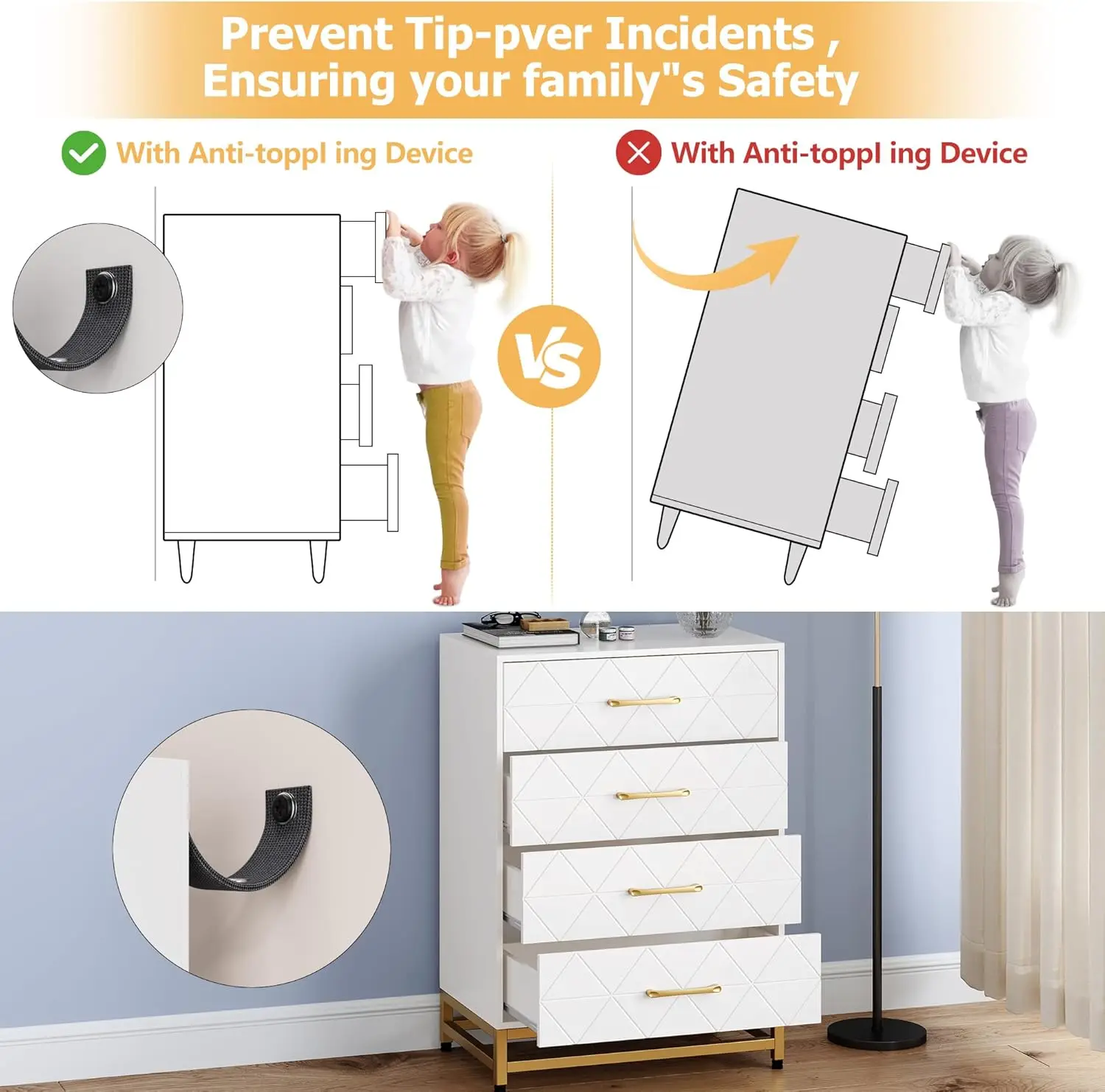 Commode moderne pour chambre à coucher avec 4 MEL, commodes en bois, commodes blanches