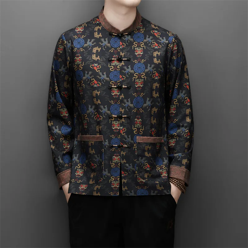 Seamless Print Tang Costume Shirts For Men Long Sleeve Exquisite Autumn Quality Frog Button Softness Easy Care Camisas De Hombre