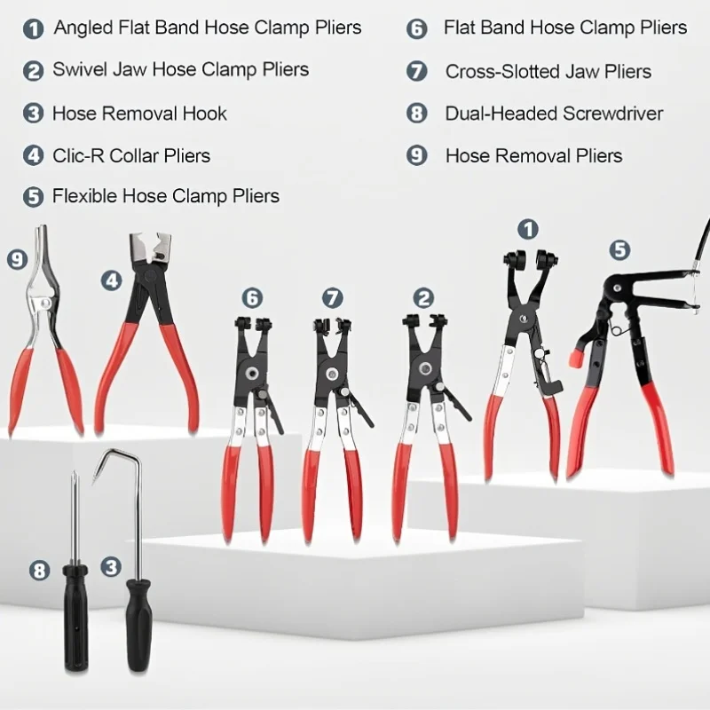 Long-Handle Hose Clamp Pliers Set, Red - Flexible Flat-Band Clamps for Fuel/Water Pipes, Radiators & Heaters, 11/16