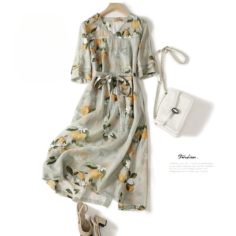 

2024 Women Summer Fashion Floral Print A-line Dress Female Long Cotton Linen Dresses Ladies Loose Short Sleeve Vestidos