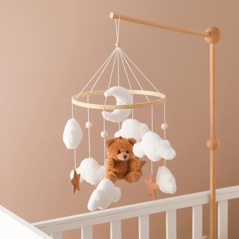 Baby Rattle Toys Soft Cartoon Bear Bed Bell Toys 0-12 Month Felt Wooden Mobile Newborn Music Box Holder Bracket Infant Crib Toys