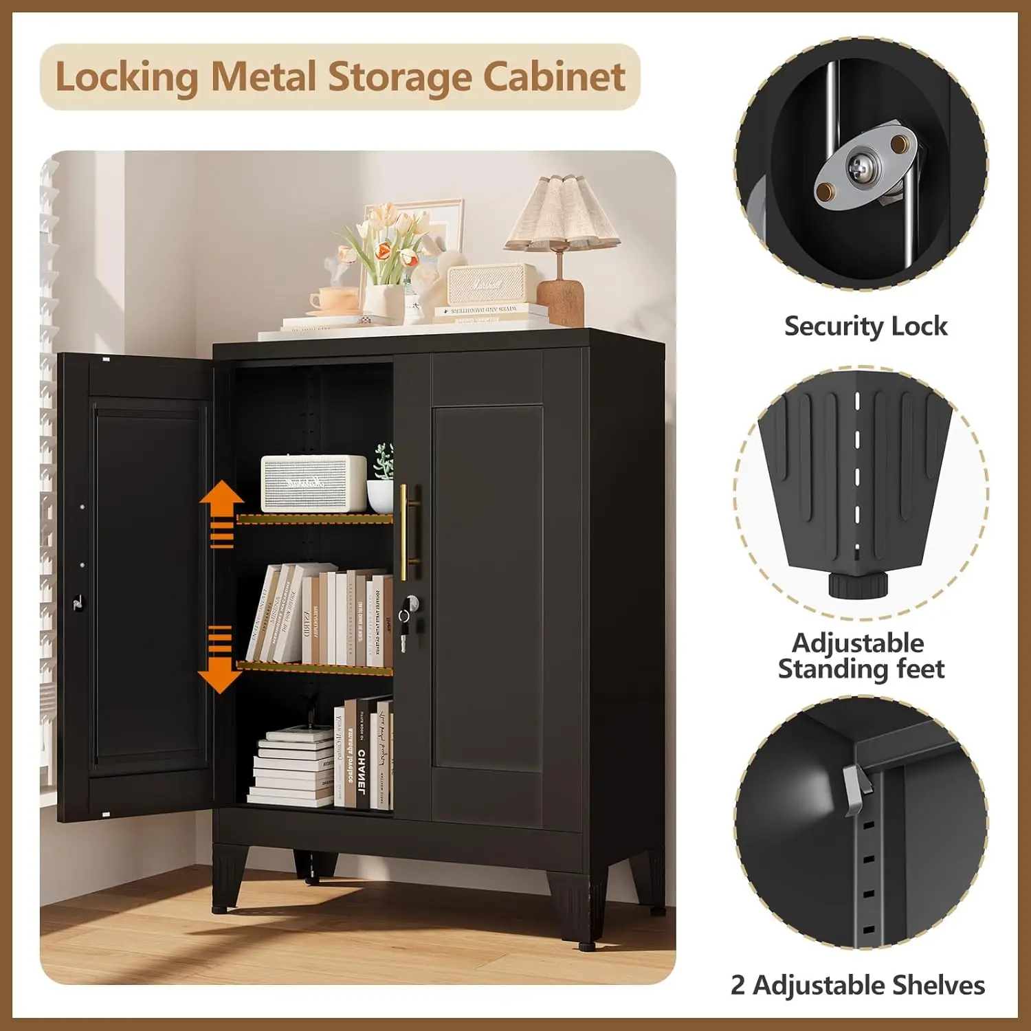 Mobiletto per dispensa in metallo nero con serratura, credenza a due unità con 2 ripiani regolabili, mobiletto da cucina per ufficio domestico