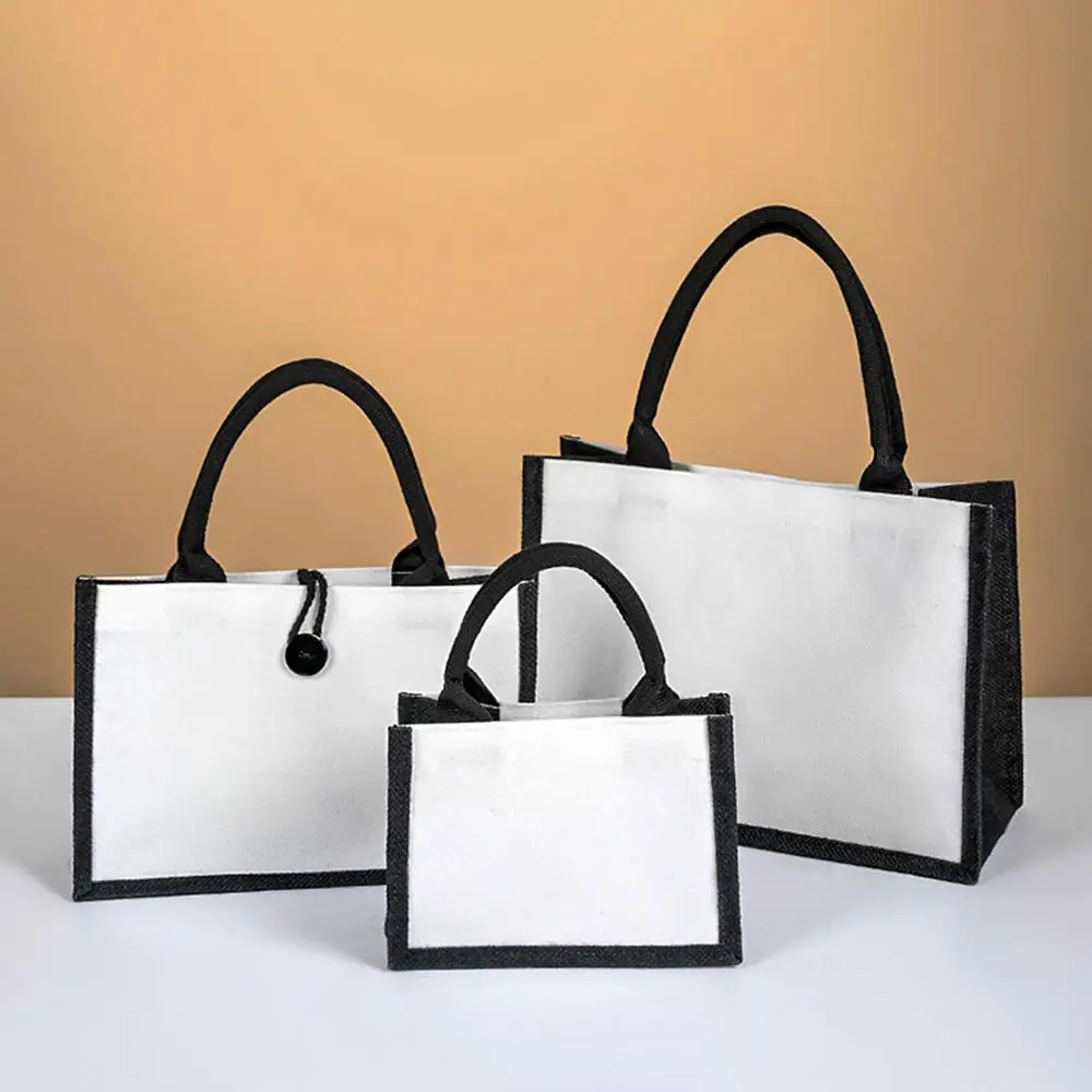 Black/White Jute Tote Bags Women Shopping Handbag Burlap Bag with Soft Handle Bridesmaid Wedding Party Favors Gift Organizer