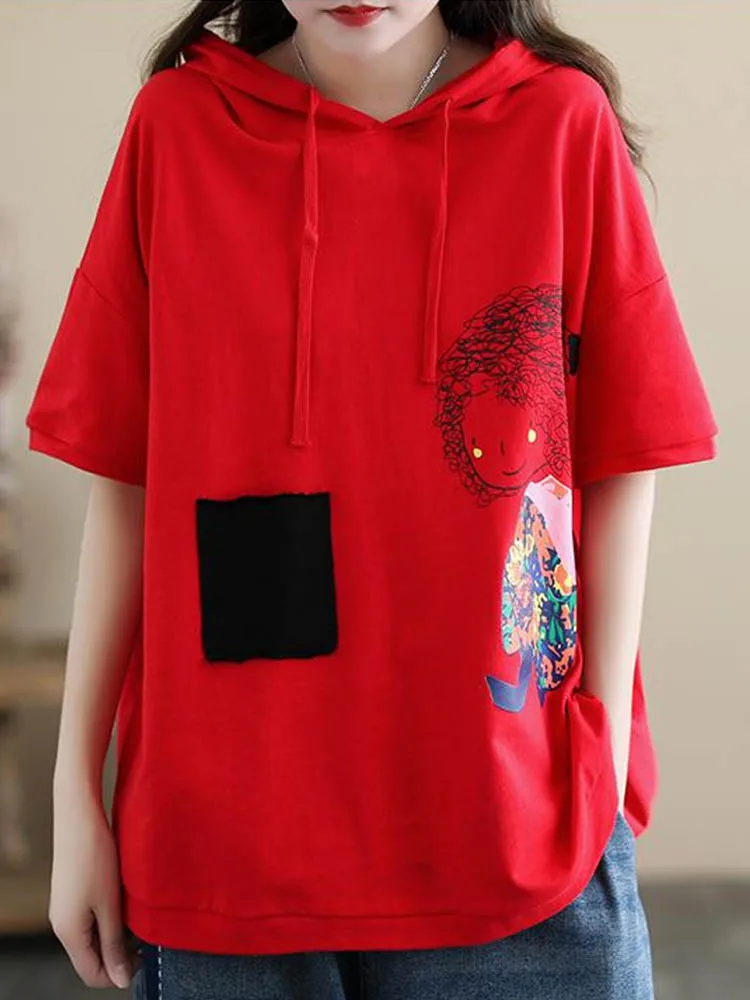 Max LuLu Summer Fashion 2022 Tops Girl Red Hooded Casual Tee Women Patchwork Short Sleeve Tshirt Ladies Printed Clothes Big Size