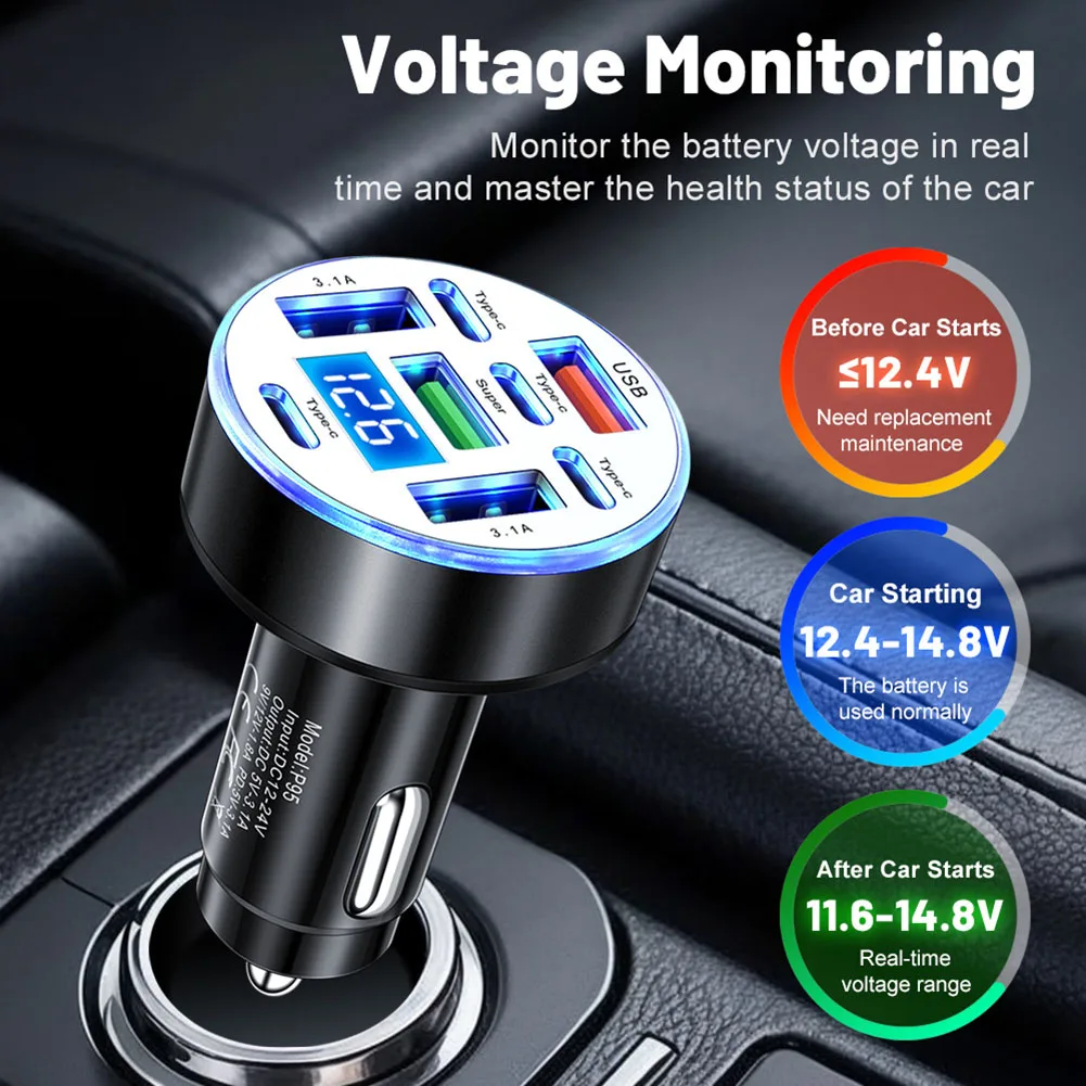 40W 8-In-1 USB Car Phone Charger Adapter Car Fast Charger Voltage DIgital Display 4USB + 4PD Black, White, Gold, Silver