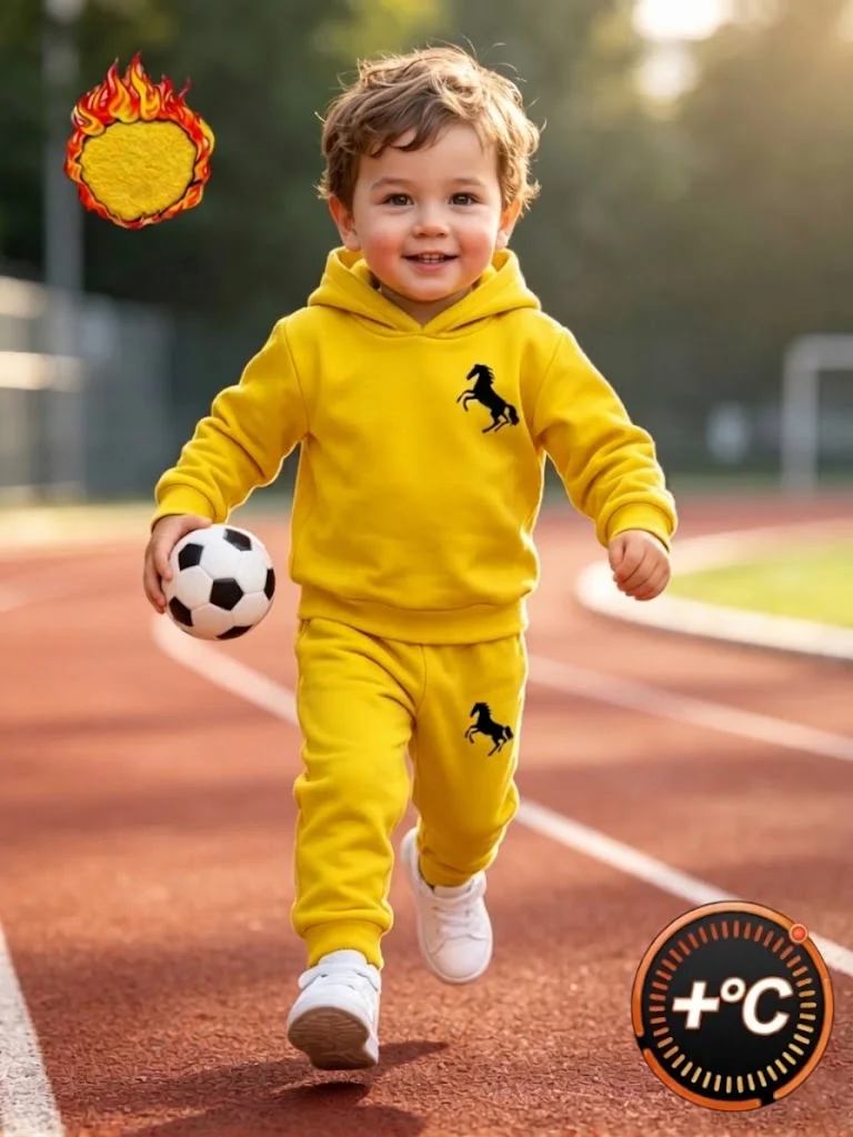 Kids Boy Winter Warm Clothes Set Thick Fleece Horse Printed Hoodie Pants 2Pcs Toddler Tracksuit Yellow Sportswear