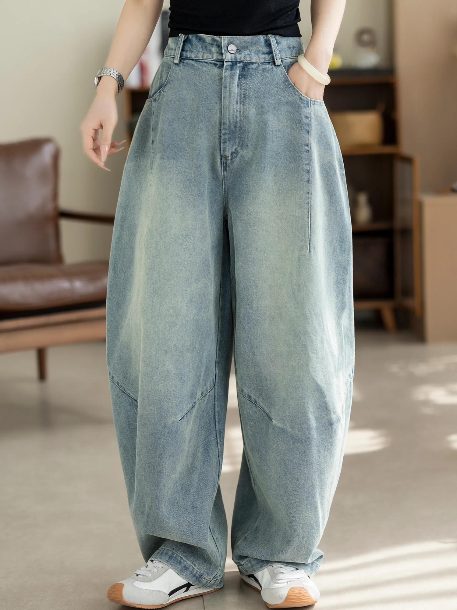 

High Waist Wide Leg Denim Jeans Women Loose Drapey Straight Leg Slimming Casual Long Pants Vintage Washed Blue Casual Spring