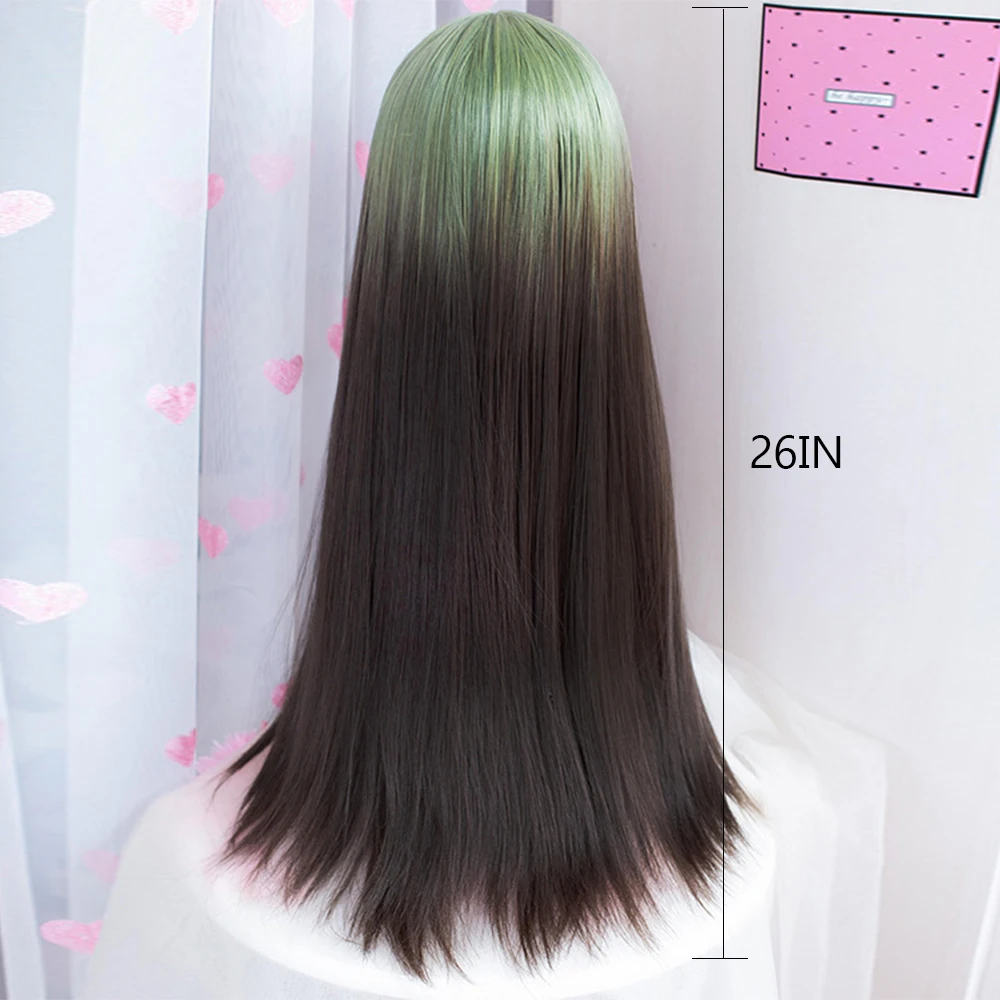 GAKA Synthetic Long Straight Wigs with Bangs Ombre Green Brown Gradient Women Natural Lolita Cosplay Hair Wig for Daily Party