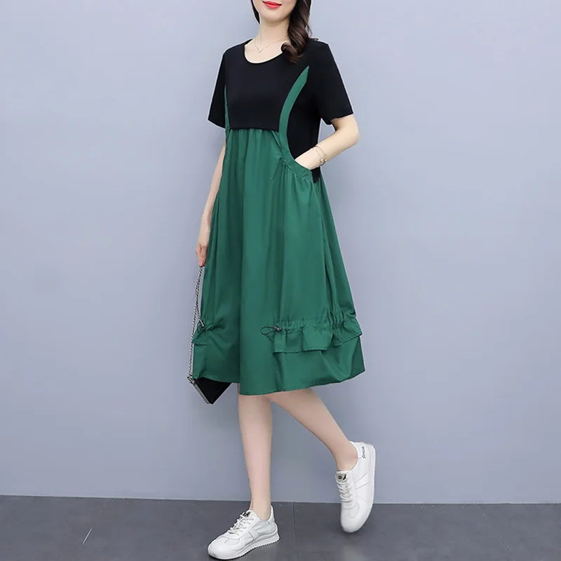 

Fake Two-Piece Dress Women 2024 Summer New Casual Long Dresses Female Korean Loose Pockets Meat And Slim Casual Strap Dress