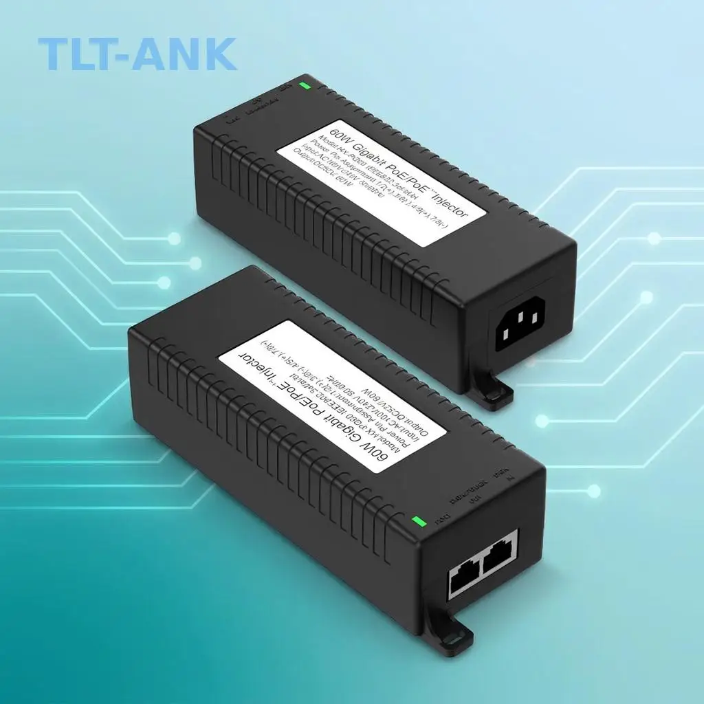60W Gigabit POE Injector Switch RJ45 2 Ports 10/100/1000Mbps DC52V Plastic Housing CCTV Camera Power Supply Product Stock