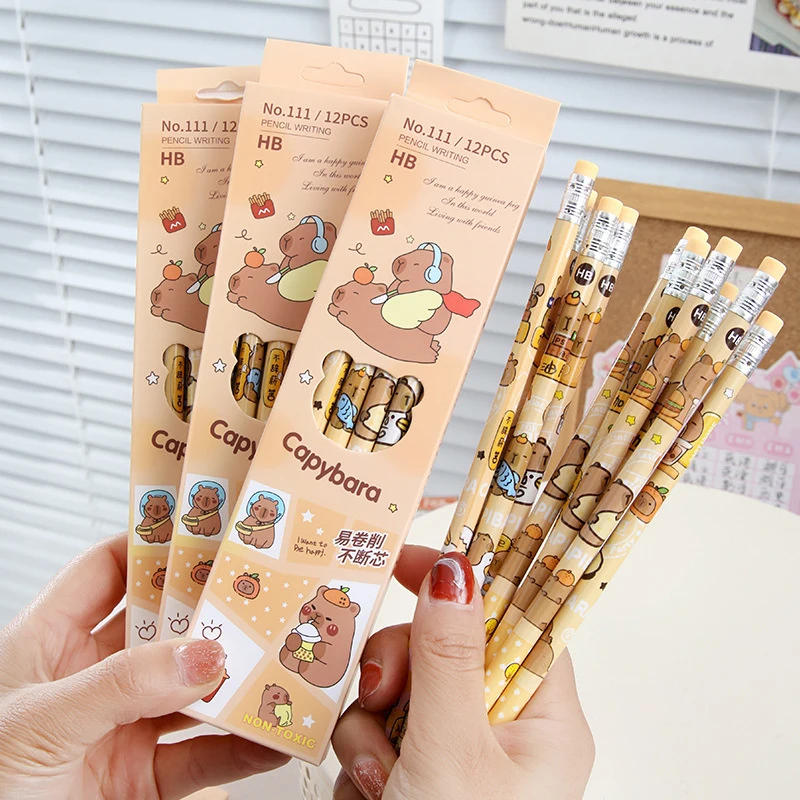 12-Pack Capybara Pencils; Adorable Cartoon Design with Erasers, Perfect for Student Prizes or Office Supplies