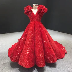 Vestidos de niña de flores rojas para bodas, vestido de baile con cuello en V, Mangas de casquillo, lentejuelas brillantes, vestidos largos de desfile para niñas pequeñas, bebés