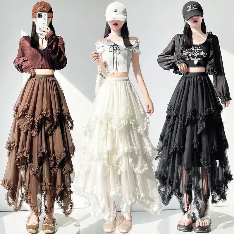 

High Waist Asymmetrical Tulle Skirt Women's Spring 2026 New Style Cake Skirt Polyester Fabric Micro Elasticity Casual Style