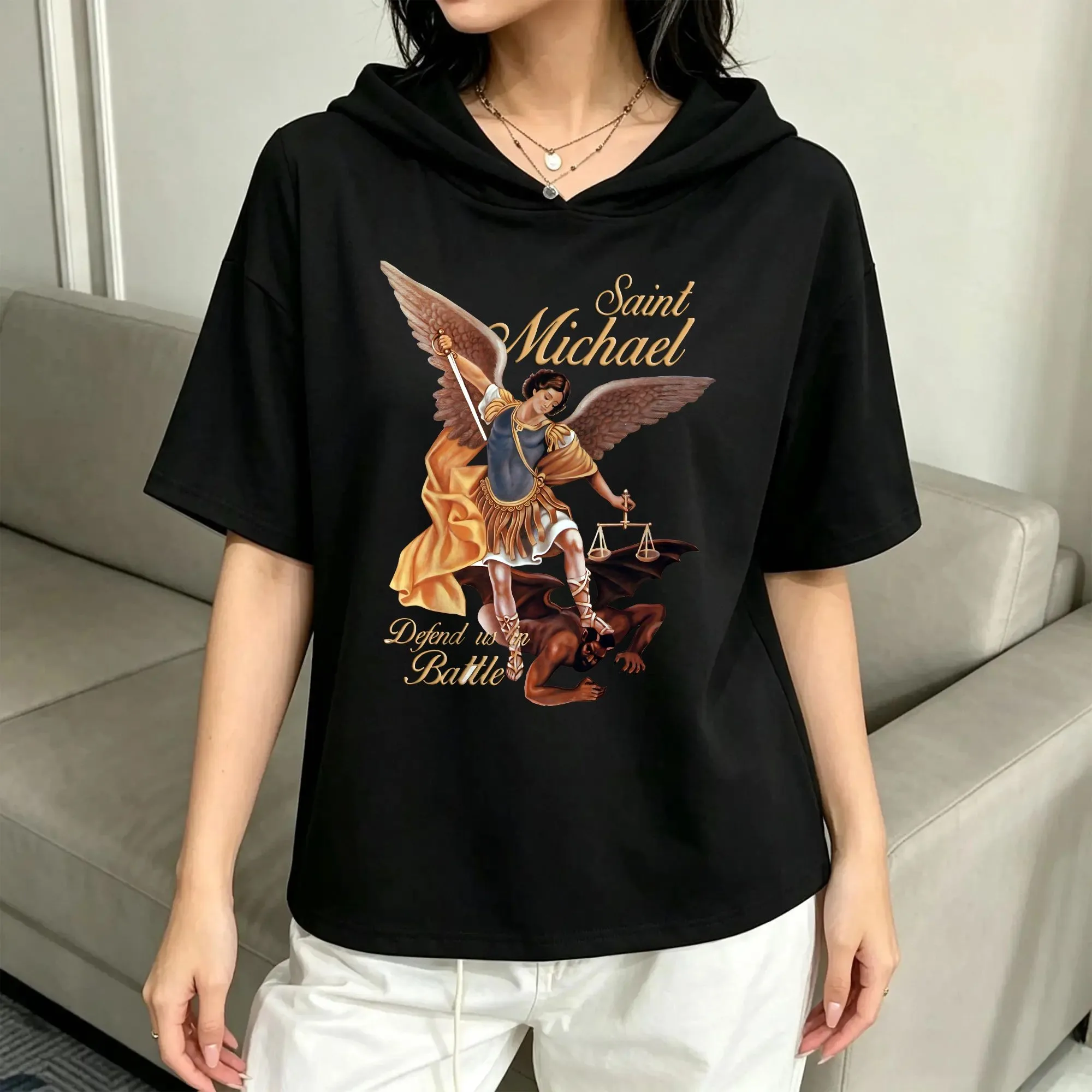 Ladies St. Michael's Pattern Graphic Short Sleeve Hooded Tee, Girlfriend Gift, For Going Out