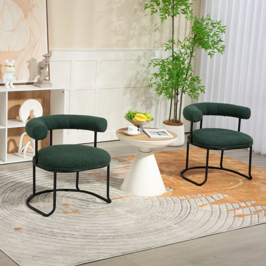 

COOLMORE Boucle Dining Chairs Set of 2 MidCentury Modern Curved Backrest Chair Round Upholstered Kitchen Chairs Emerald Boucle