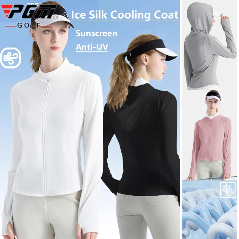 

PGM Summer Thin Hooded Women Golf Jacket Outdoors Sports Long Sleeves Golf Jacket Anti-UV Sunscreen Top Cooling Ice Silk Coat